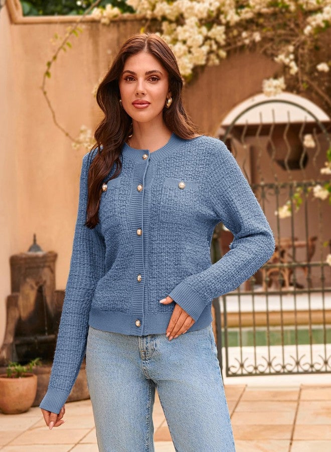 GRACE KARIN Women's Long Sleeve Cardigans Open Front Button Down Sweaters Outerwear Tweed Knit Cute Lady Jacket 2025 Light Blue - Image 5